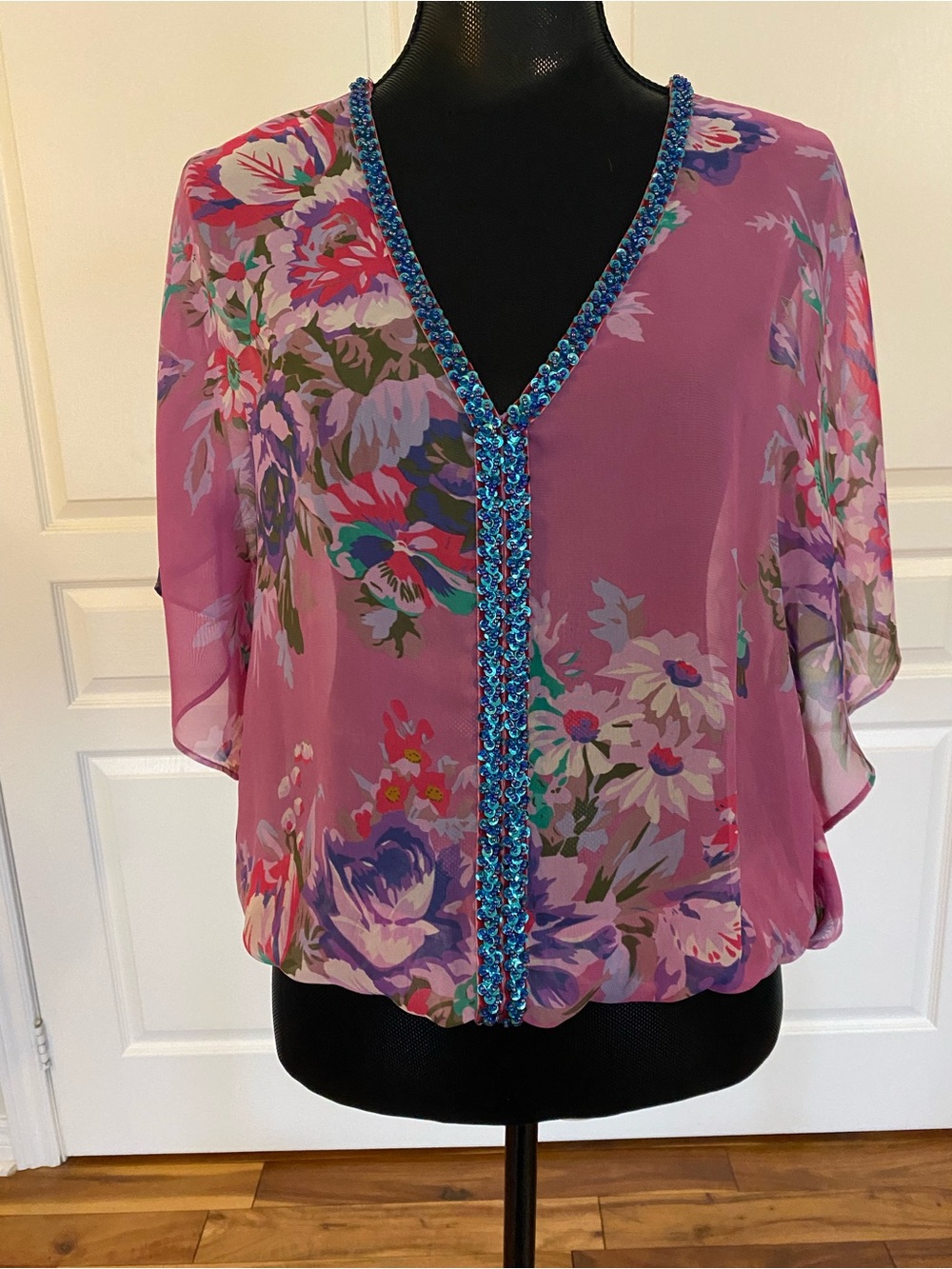 Sheer Floral Flutter-Sleeve Blouse in Pink